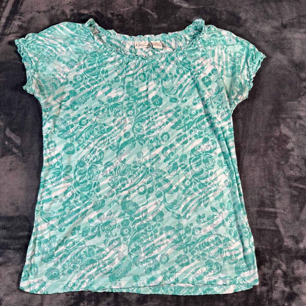 Kim Rogers Top Womens Medium Aqua Floral Ruffle Sleeve Cotton Blend Shirt